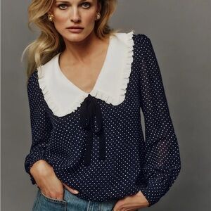 Navy Polka Dot Blouse with White Collar